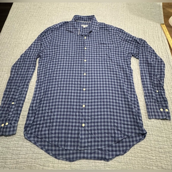 Peter Millar Mens Large Button Up Plaid Shirt 100% Cotton Blue Check Long Sleeve - Picture 1 of 8